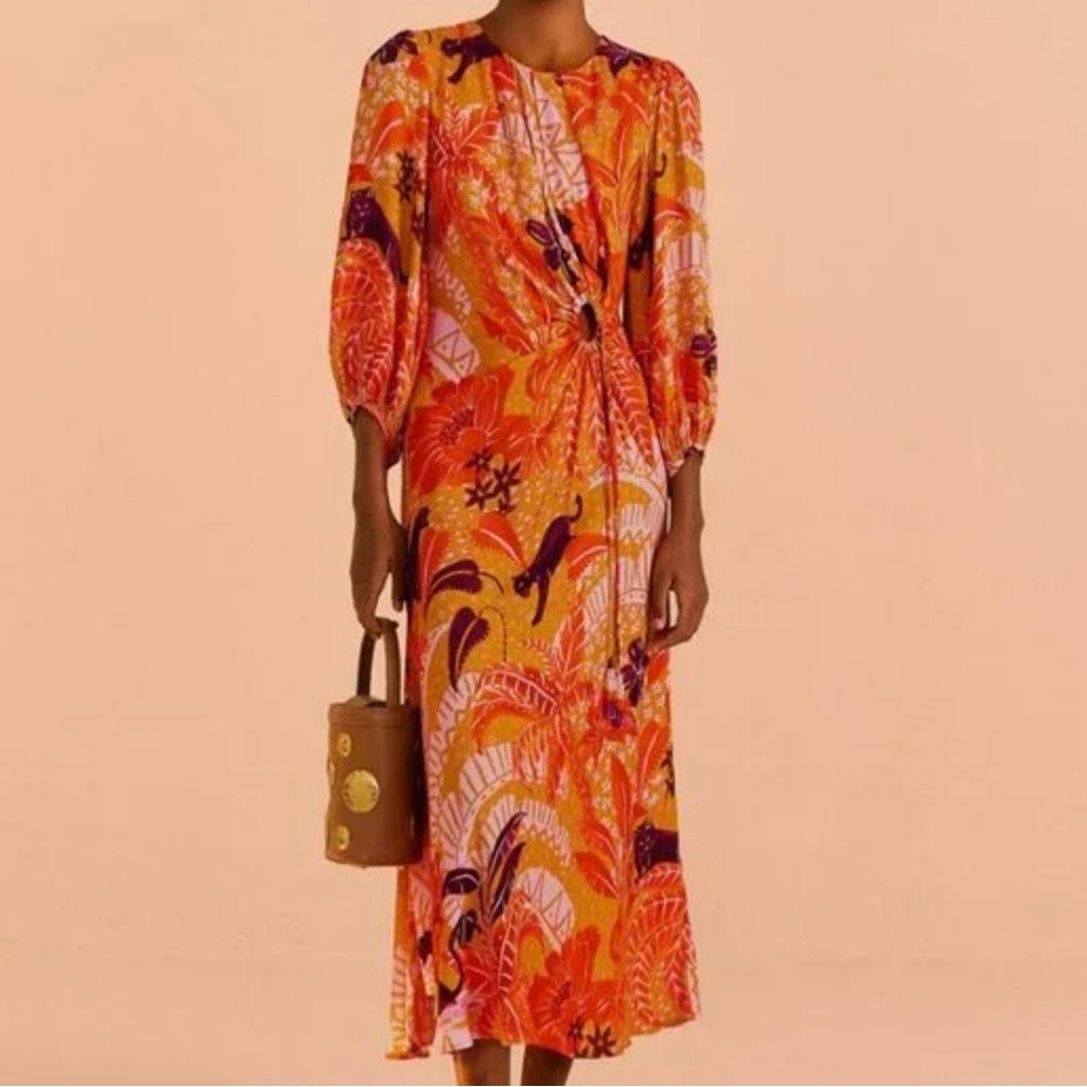 Farm Rio Beige Jungle Panther Lenzing Ecovero Viscose Midi Dress